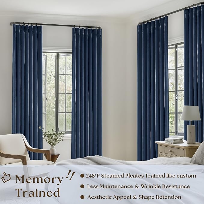 Navy Pinch Pleated 100% Blackout Linen Curtains - Image 2