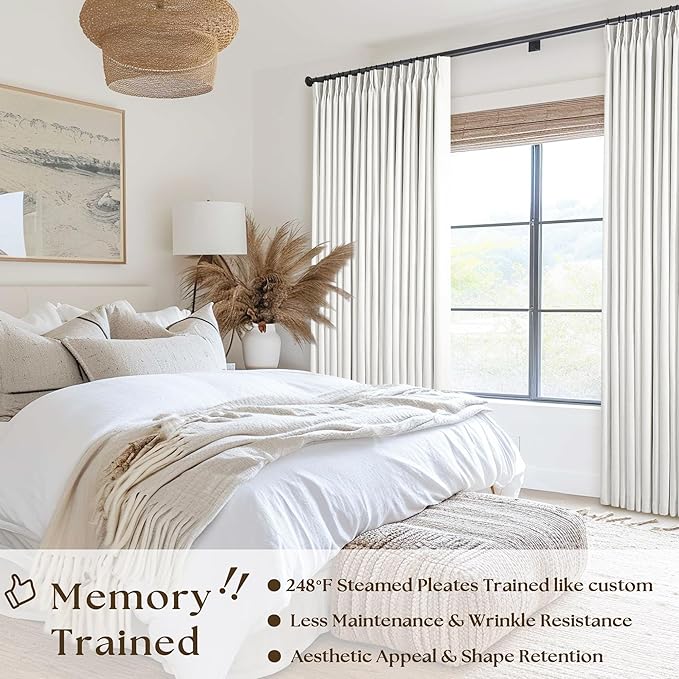 Beige White Pinch Pleated Blackout Linen 84 Inch Long Curtains 60 Inch Wide | - Image 2