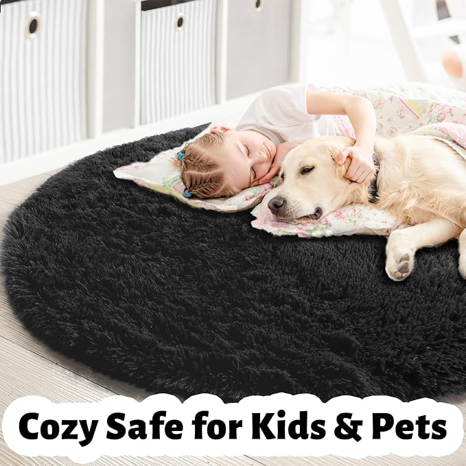 Amdrebio Black Plush Small Round Rug 3Ft - Image 4