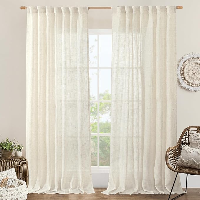60 Inch Wide Linen Curtains 95 Inches Long Semi Sheer Panels | Natural Ivory by LAMIT