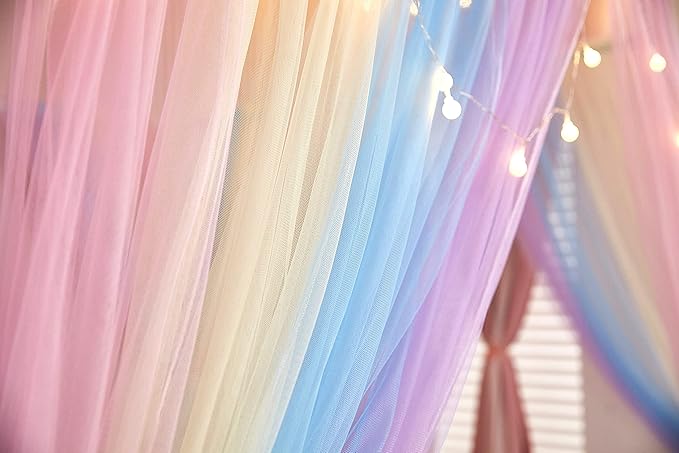 Akiky Canopy Bed Curtains with Lights 4 Corner Post Bed Canopy for Adults Girls, Rainbow Bed Drapes Netting-8 Panel Curtains,Twin