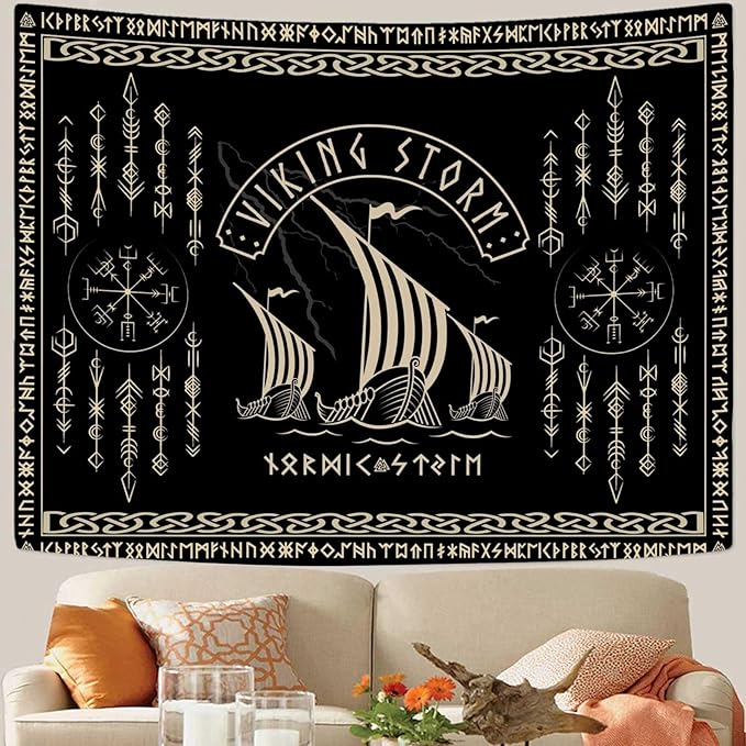 OSUNBD Viking Warship Tapestry Wall Hanging - Large 106x70 inches Storm & Celtic Runes on Soft Flannel Aesthetic Mythology Tapestries Norse Mythology Art for Bedroom, Living Room Decor