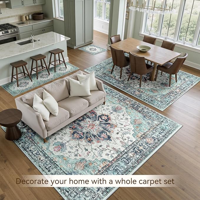 RELEANY Washable Area Rug, Teal Green/White/Navy | Non-Slip, Water Repellent - Image 8
