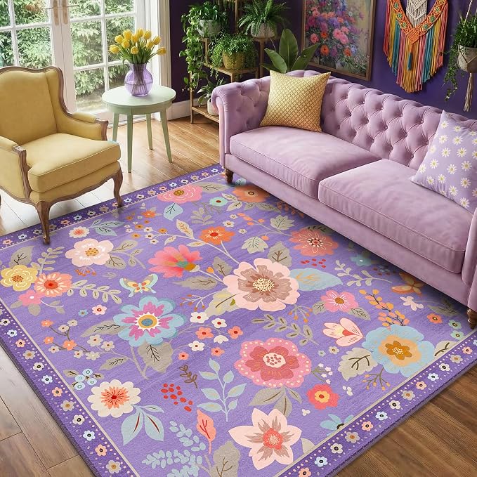 RELEANY Floral Washable Square 6ft Area Rug Purple/Pink | Flower Carpet Print by RELEANY