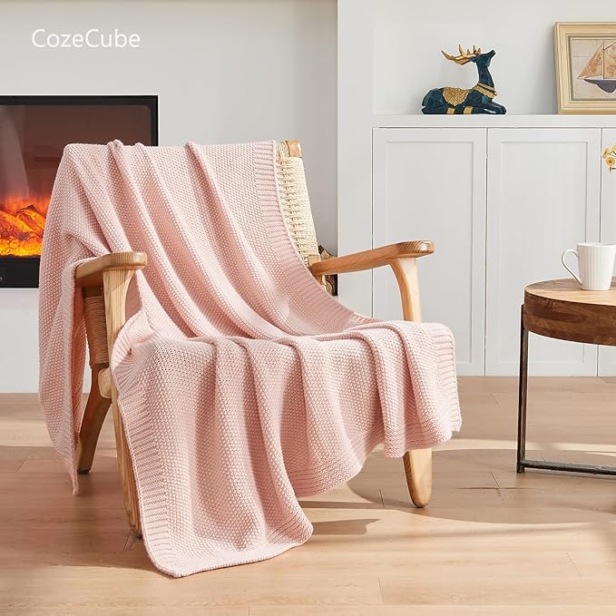 CozeCube Pink Seed Stitch Throw Blanket 50"x60", Farmhouse Decor | Blanket - Image 3