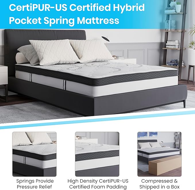 Flash Furniture Capri Comfortable Sleep 10" Hybrid Pocket Spring and Foam Mattress in a Box, Foam Pocket Spring Hybrid Mattress, Pressure Relief, Full