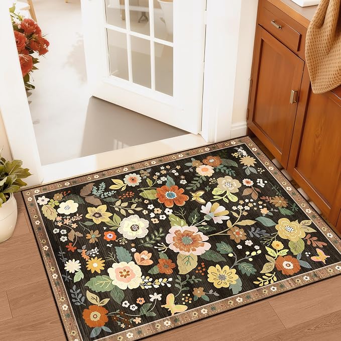 RELEANY Floral Washable 2x3 Area Rugs Doormat Black/Yellow | Flower Carpet - Image 9
