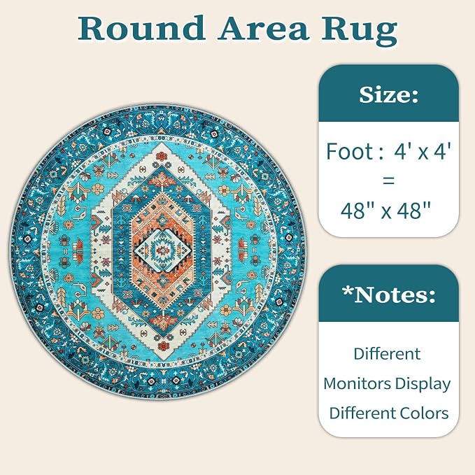 SERISSA 4ft Washable Non Slip Round Boho Area Rug - Image 6