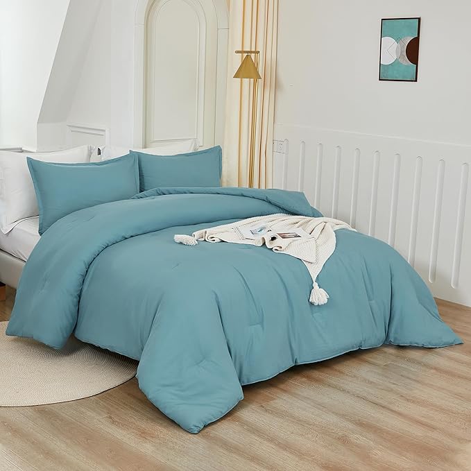 Litanika Oversized King Comforters Grayish Teal Super King Size, 3 Pieces Lightweight Solid Bedding Comforter Set, All Season Fluffy Bed Set (120x120In Comforter & 2 Pillowcases)