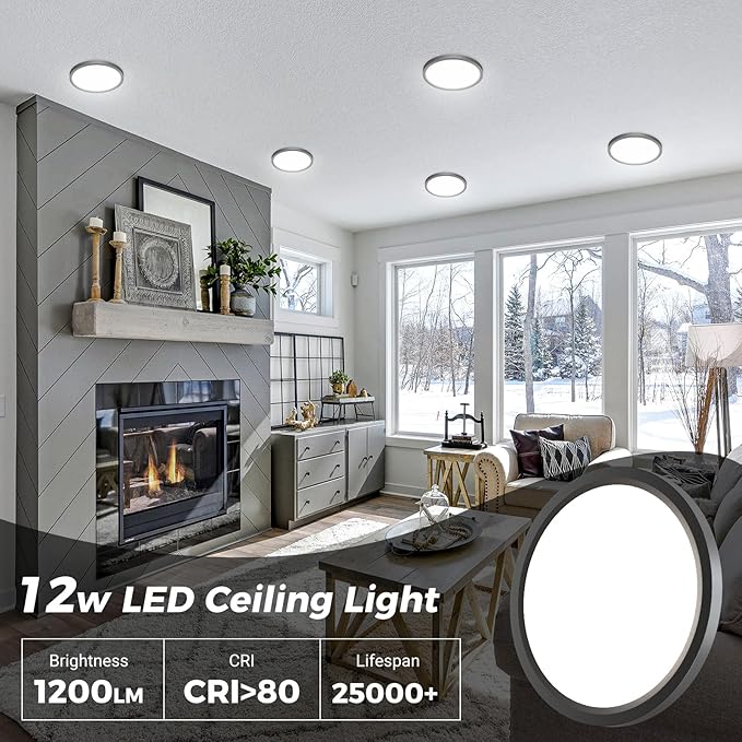 zemty 12Pack LED Flush Mount Ceiling Lights, 6.5 Inch 12W 1200lm Lighting Fixtures Recessed, Adjustable 3000K 4000K 6500K, Round Modern Ceiling Lamp for Bathroom Closet Hallway (Black)
