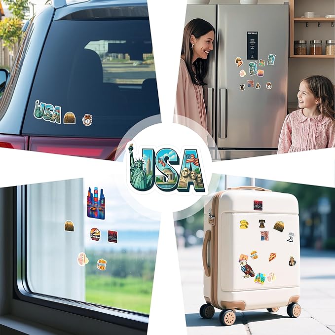 100 PCS USA Travel Stickers Pack – American Quotes, Food & Culture Vinyl Waterproof Decals for Laptop, Water Bottle, Scrapbook, Hard Hat, Car Gift for Kids, Teens, Adults
