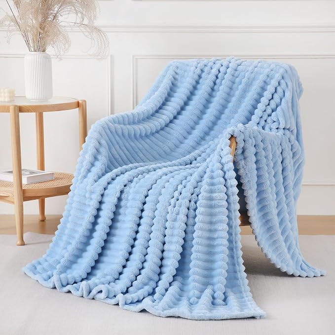 Light Blue Throw Blanket for Couch Sofa 108x90 inches Striped Design | Fleece - Image 3