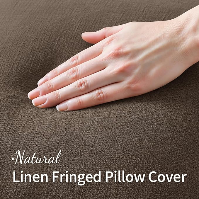 MIULEE Linen Fringe Decorative Fall Pillow Covers Chocolate Brown 18x18 | Set - Image 2