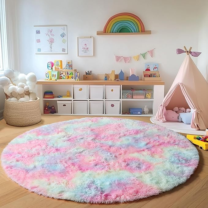 Rainbow Round Area Rugs 5ft, Soft Bedroom Circle Rug Mats - Image 3