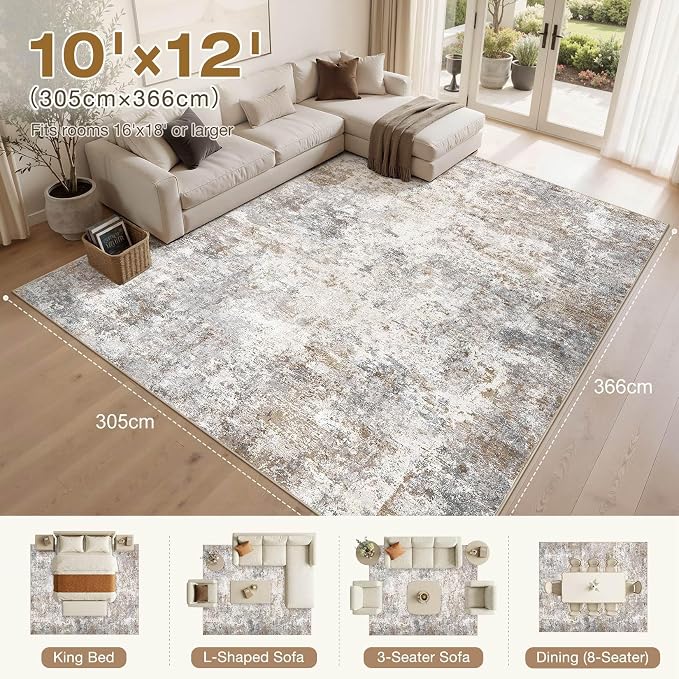 UERMEI 10x12 Area Rug Living Room Rugs Washable Neutral Brown Grey Carpet | - Image 2