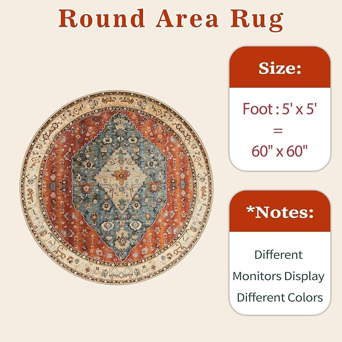 SERISSA 5ft Washable Non Slip Round Boho Area Rug - Image 6