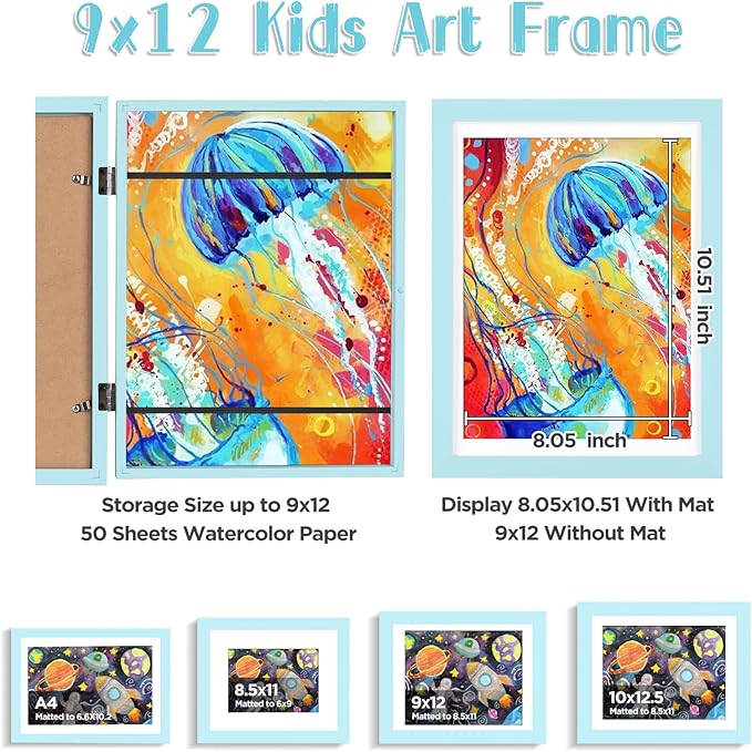 KINLINK 9x12 Kids Art Frames Set of 2, Solid Wood Kids Artwork Frames Changeable with Acrylic Front Opening Holds 150 Pictures, Art Frame for Kids Artwork with Mat or without Mat, Light Blue