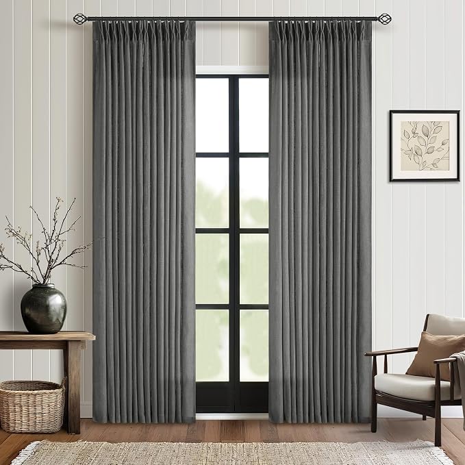 Dark Grey 80 Inch Pinch Pleated Linen Semi Sheer Curtains 2 Panel Set | by Twodrapes