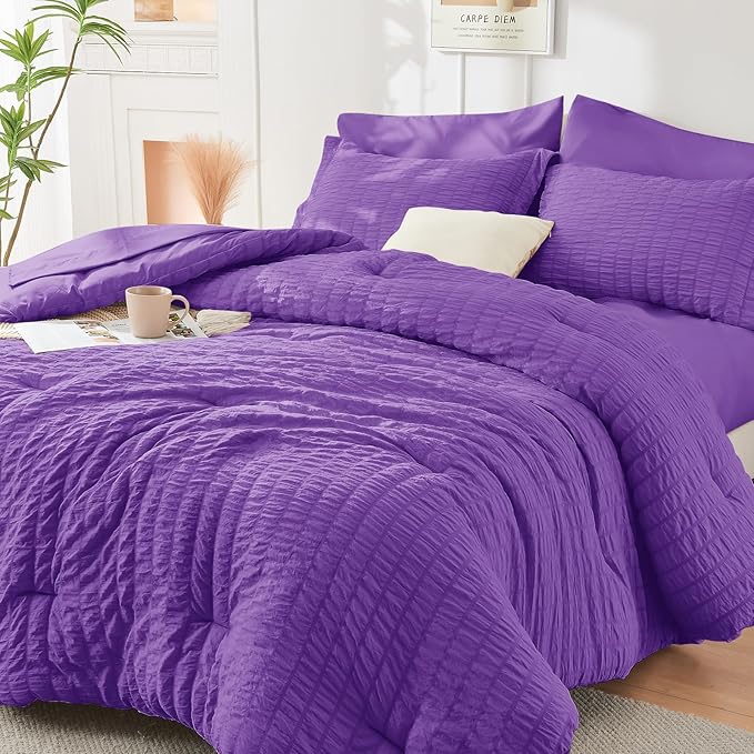 HYMOKEGE Dark Purple King Size Comforter Set Seersucker 7 Pieces, All Season Luxury Bed in a Bag for Bedroom, Bedding Set with Comforter, Sheets, Pillowcases & Shams