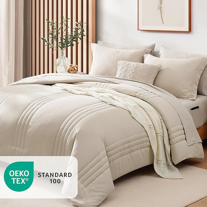 Monbix King Size Comforter Set - 7 Pieces Bed in a Bag King, Apricot Beige Bedding Sets with Comforter, All Seasons Comforter Bed Set with Sheets, Pillowcases & Shams