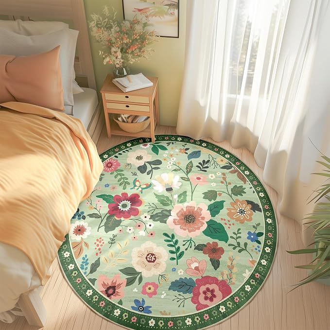 RELEANY Floral Washable Round 8ft Area Rug LightGreen | Flower Carpet Print - Image 6