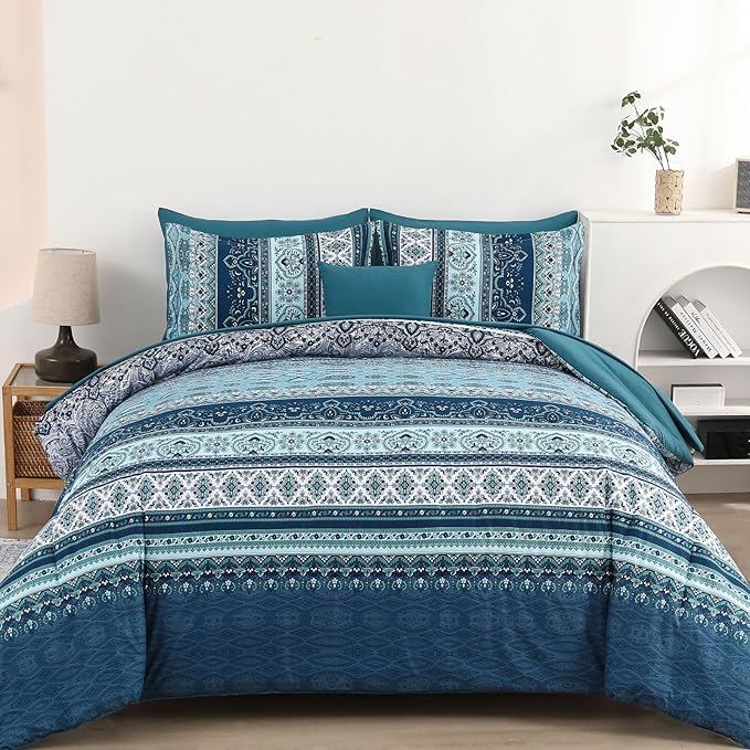 Boho Comforter Set King Size 8 Pieces, Teal Blue Comforter Bohemian Striped Bed in A Bag, Soft Microfiber Bedding Set for All Seasons