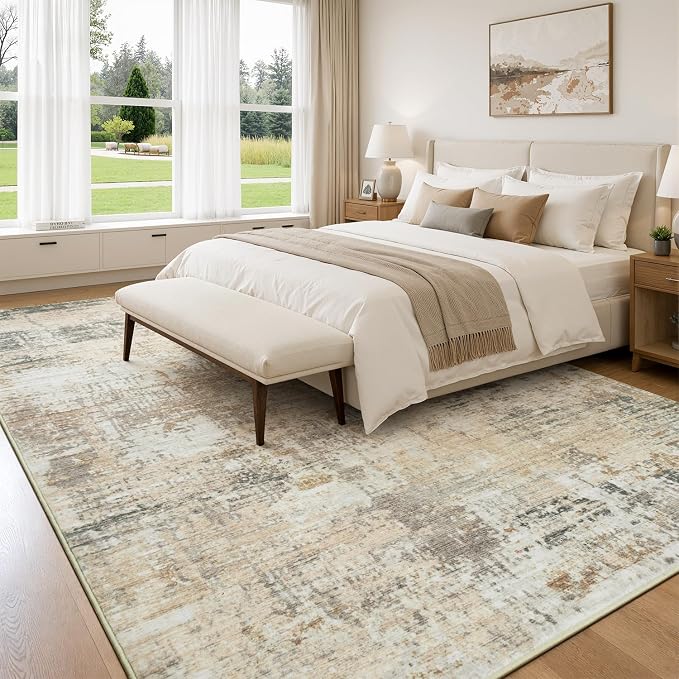 Rugflix 5x7 Area Rugs for Living Room, Washable Gold Beige Grey Large Rug | - Image 2