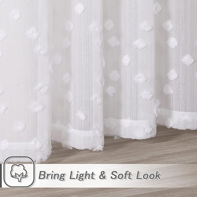 MYSKY HOME Pom Pom White Sheer Curtains for Bedroom Girls Room Curtains 84 Inches Long for Nursery Kids Light Filtering Boho Window Drapes, Rod Pocket, 52" Wide, 2 Panels