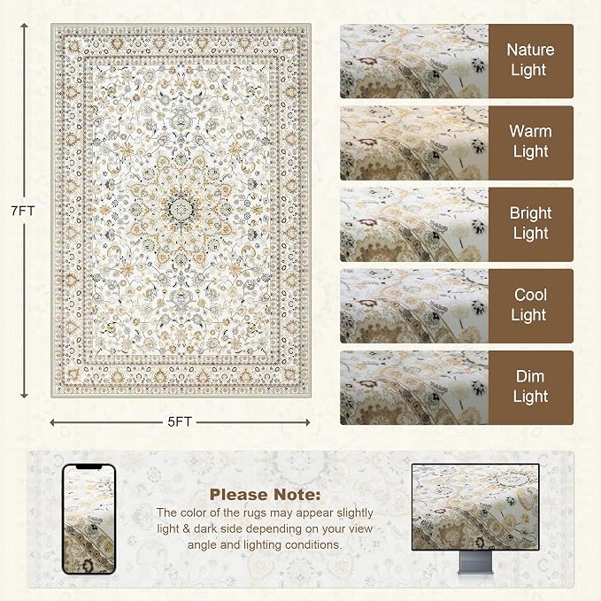 5x7 Area Rugs Living Room: Washable Vintage Rug - Image 2