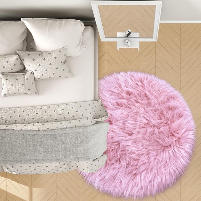 4 Ft Fluffy Round Pink Rugs for Bedroom Girls, Plush Faux Sheepskin Fur Rug for - Image 6