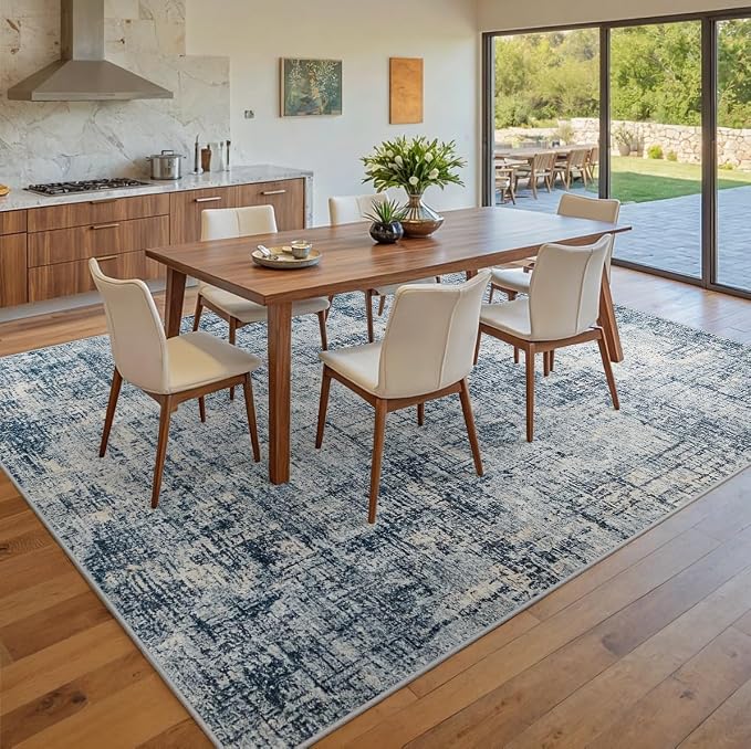 10x14 Washable Area Rug for Living Room Bedroom: Non-Slip Modern Blue Gold | - Image 8