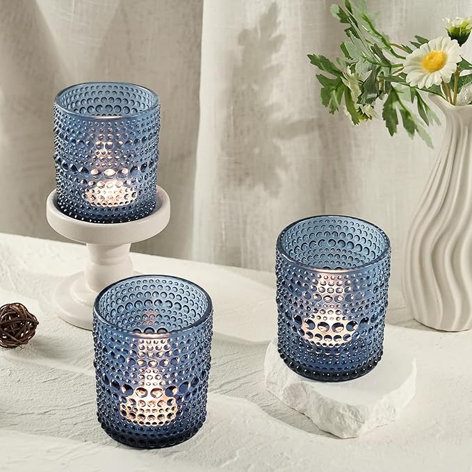 12 Pack Large Votive Candle Holders, 2.7 * 3.5in Blue Tea Light Candle Holder for Votives, Tealights & Pillar, Glass Candle Holders for Table Centerpiece Wedding