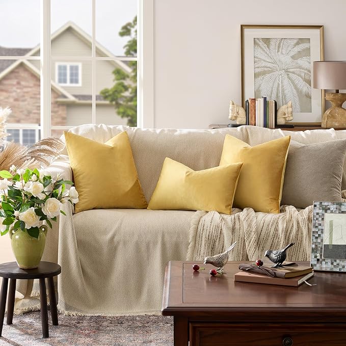 GIGIZAZA Yellow Velvet Pillow Covers 16x16 Decorative Pillows Pack of 2 | Throw - Image 2