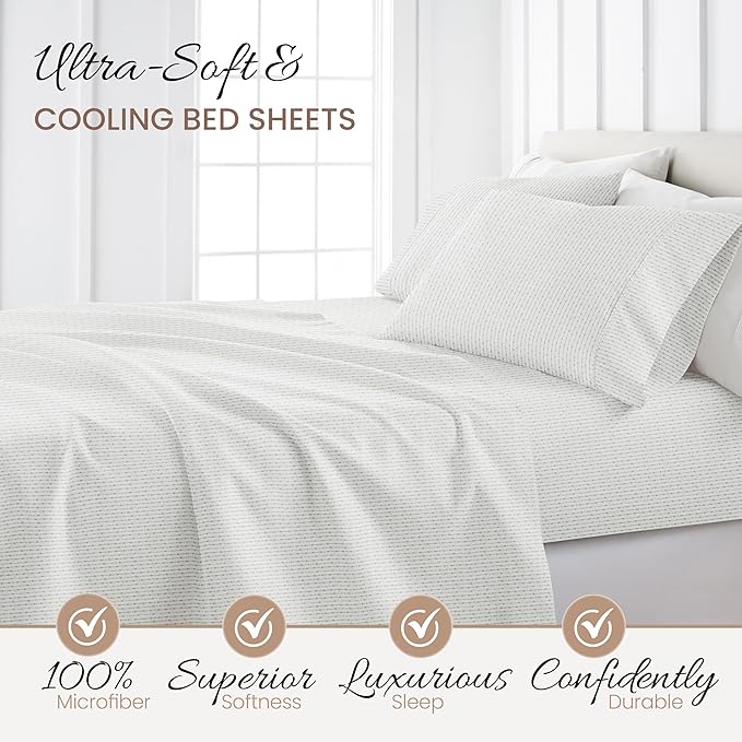 Linen Market Double-Brushed Patterned Microfiber California King Sheet Set 4 Piece – Oeko-TEX Certified Ultra Soft & Wrinkle-Free - 16" Deep Pocket Sheets Easy Care Cal-King Size - Beaded Arrows Gray