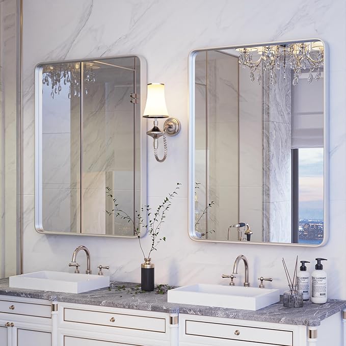 ISKM 30" x 30" Silver Framed Mirror for Wal Metal Framed Wall Mirror for Bathroom Rounded Corner Vanity Mirrors Wall Mounted Tempered Glass, Rounded Rectangle Mirror(Horizontal/Vertical)