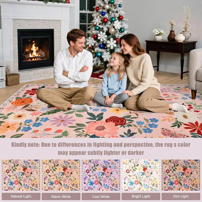 PLHXFR Area Rug Living Room: 5x7 Floral Washable Boho Soft Carpet Beige | - Image 9