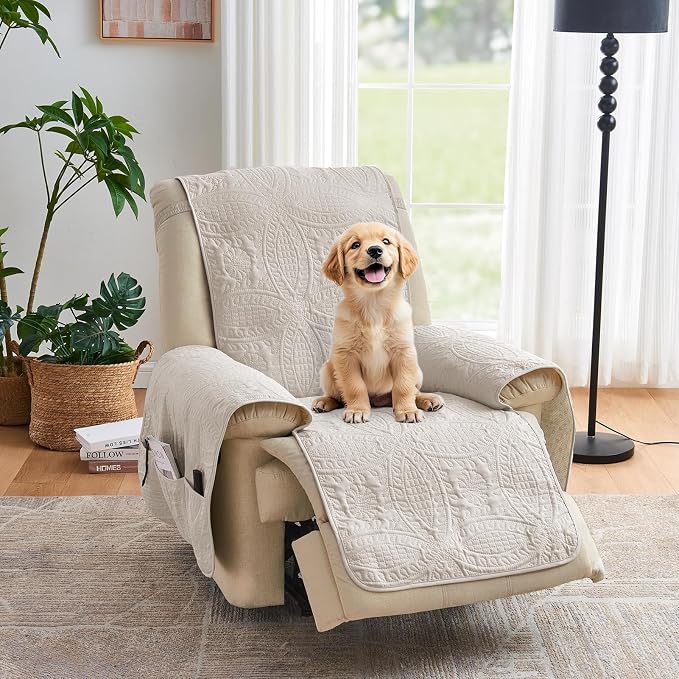 Beige Quilted Recliner Chair Covers, Water-Repellent Recliner Slipcovers - Image 8