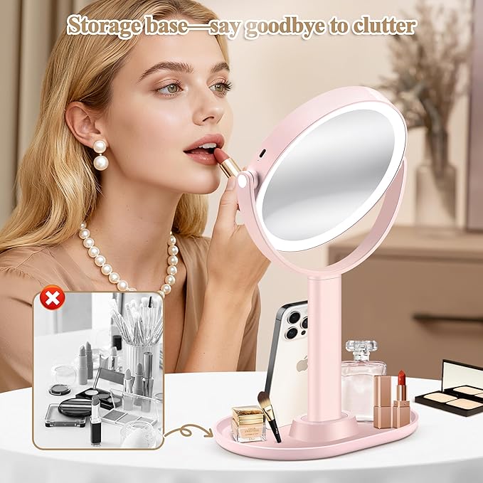 Makeup Mirror with Lights, Double Sided 1x/20x Magnifying Mirror with Light, Rechargeable 3 Color Lights and Adjustable Brightness, 360° Rotation Detachable Comes with Tweezer(Pink)
