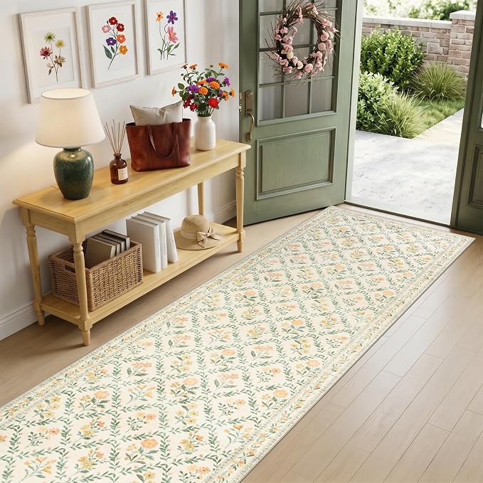 PLHXFR 3x10 Washable Runner Rug：Floral Indoor Kitchen Carpet Beige Multi | - Image 2