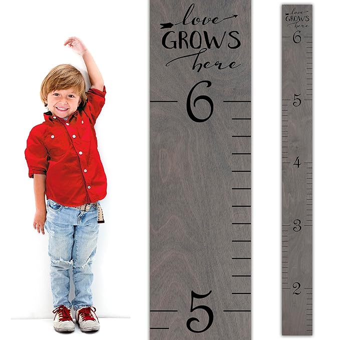 HEADWATERS STUDIO Wooden Growth Chart for Wall - Height Growth Chart for Kids, Kid Height Wall Chart, Height Measurement for Wall, Height Chart for Kids - Love Grows Here, Skinny Grey (63""x5.75"")