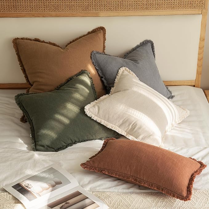 MIULEE Boho Linen Fringe Decorative Throw Pillow Covers Olive Green 18x18 | Set - Image 5