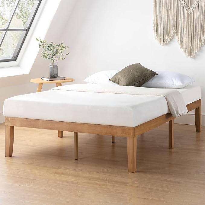 Mellow Naturalista Classic 16 Inch Solid Wood Platform Bed with Wooden Slats, Natural Pine, Queen