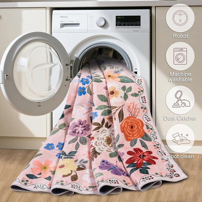 PLHXFR 2.6x8 Washable Runner Rug：Floral Indoor Kitchen Soft Carpet Beige | - Image 7