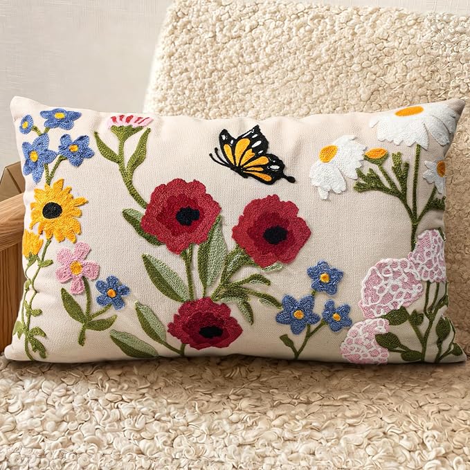 Embroidered Lumbar Pillow Cover 20x12 Inch, Retro Flower | Decorative Throw by Kokaaee
