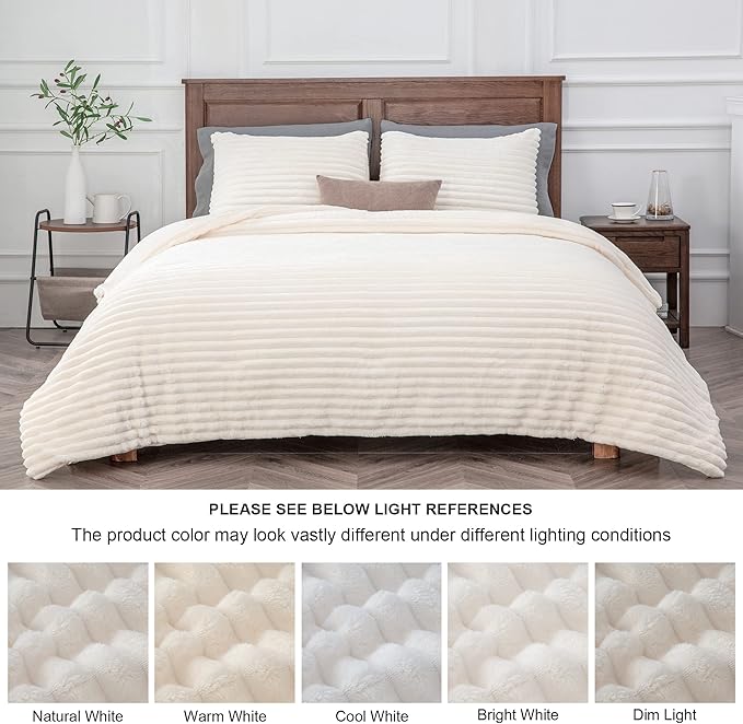 BEDELITE Fleece Queen Comforter Set -Super Soft & Warm Fluffy Cream White Bedding, Luxury Fuzzy Heavy Bed Set for Winter with 2 Pillow Cases