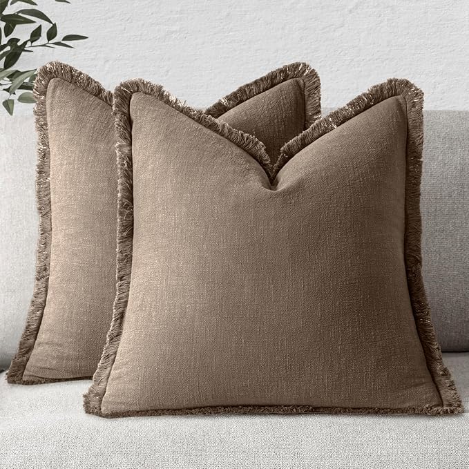 MIULEE Linen Fringe Decorative Fall Throw Pillow Covers Cocoa Brown 16x16 | Set by MIULEE