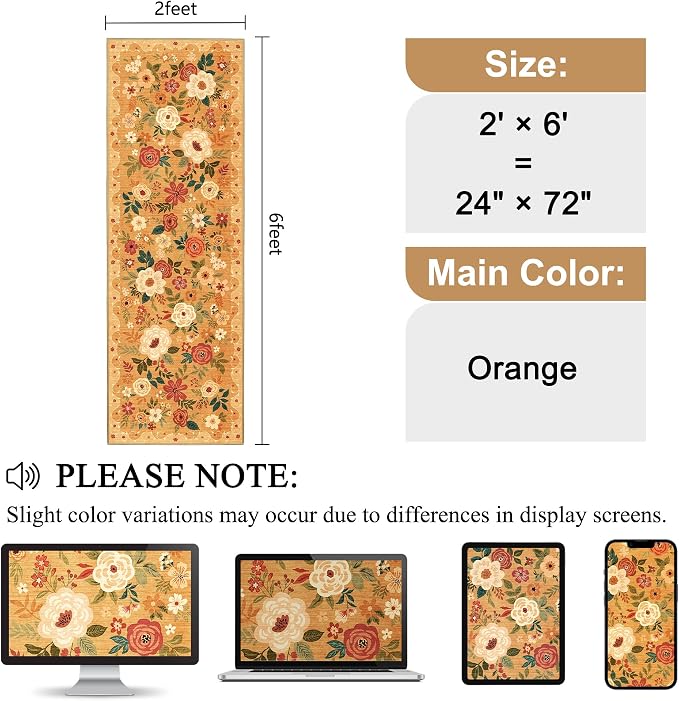 DUKINO 2x6 Runner Rug for Hallway, Washable Kitchen Rugs Non Slip, Floral - Image 2