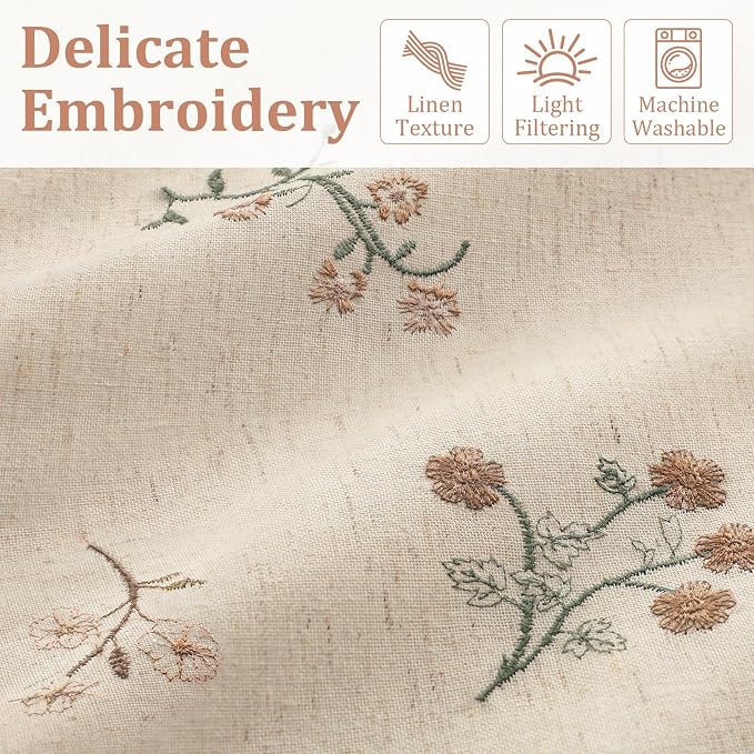 Floral Embroidered Light Filtering Curtains 84 Inch 2 Panels | Linen Blend - Image 3