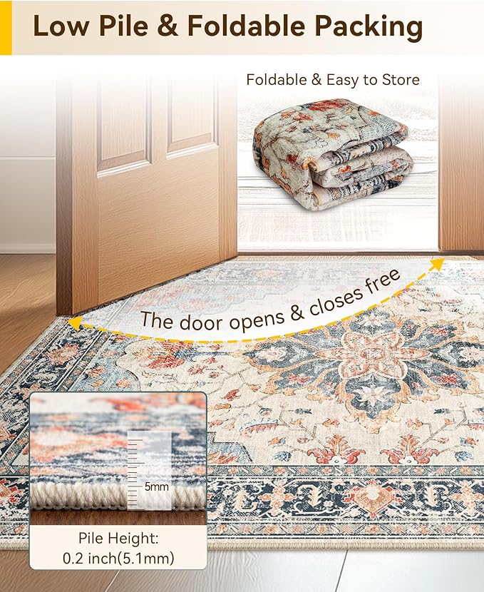 RELEANY Washable Area Rug, Water Repellent, Pet Friendly, Vintage Floral Boho - Image 6
