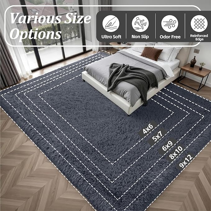 Area Rug Living Room Bedroom: 5x7 Fluffy Plush Shag Carpet Grey | - Image 9